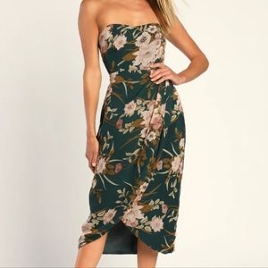 Lulu's Effortless Charm Hunter Green Floral Strapless Tulip Midi Dress NWT